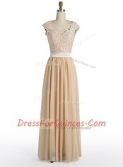 Fashion A-line Evening Dress Champagne V-neck Chiffon Cap Sleeves Floor Length Side Zipper