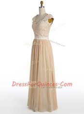 Fashion A-line Evening Dress Champagne V-neck Chiffon Cap Sleeves Floor Length Side Zipper