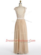 Fashion A-line Evening Dress Champagne V-neck Chiffon Cap Sleeves Floor Length Side Zipper