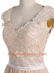 Fashion A-line Evening Dress Champagne V-neck Chiffon Cap Sleeves Floor Length Side Zipper