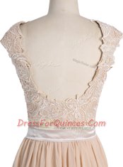 Fashion A-line Evening Dress Champagne V-neck Chiffon Cap Sleeves Floor Length Side Zipper