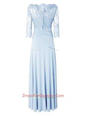 Silk Like Satin 3 4 Length Sleeve Floor Length Prom Gown and Lace