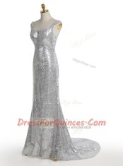 Mermaid Silver Zipper Square Sequins Evening Dress Sequined Sleeveless Sweep Train