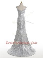 Mermaid Silver Zipper Square Sequins Evening Dress Sequined Sleeveless Sweep Train