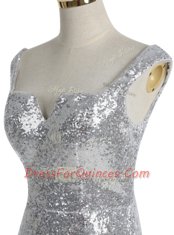 Mermaid Silver Zipper Square Sequins Evening Dress Sequined Sleeveless Sweep Train