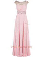 A-line Prom Gown Baby Pink Scoop Chiffon Sleeveless Floor Length Zipper