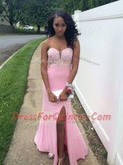 Fabulous Backless Floor Length Rose Pink Chiffon Sleeveless Beading