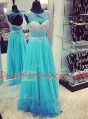 Luxury Mermaid Aqua Blue Homecoming Dress Prom and Party and For with Beading High-neck Sleeveless Sweep Train Zipper