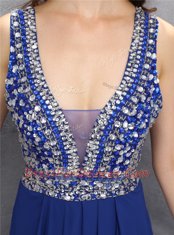 Nice Chiffon V-neck Sleeveless Zipper Beading Prom Gown in Royal Blue