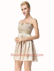 Satin Sleeveless Mini Length and Beading and Pleated