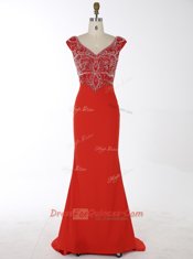 Simple Mermaid V-neck Sleeveless Chiffon Homecoming Dress Beading Brush Train Zipper