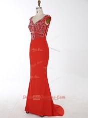 Simple Mermaid V-neck Sleeveless Chiffon Homecoming Dress Beading Brush Train Zipper