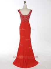 Simple Mermaid V-neck Sleeveless Chiffon Homecoming Dress Beading Brush Train Zipper