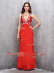 Unique Coral Red Sleeveless Satin Criss Cross Prom Evening Gown for Prom