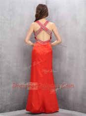 Unique Coral Red Sleeveless Satin Criss Cross Prom Evening Gown for Prom