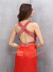 Unique Coral Red Sleeveless Satin Criss Cross Prom Evening Gown for Prom