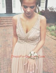 Smart Champagne Sleeveless Beading Floor Length Prom Dress
