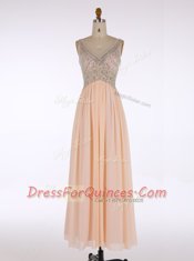 Smart Champagne Sleeveless Beading Floor Length Prom Dress