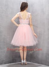 Scoop Pink Sleeveless Knee Length Beading and Appliques Zipper Prom Dresses