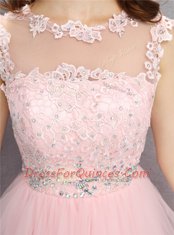 Scoop Pink Sleeveless Knee Length Beading and Appliques Zipper Prom Dresses