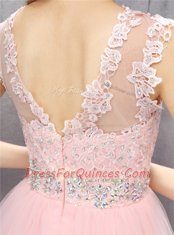 Scoop Pink Sleeveless Knee Length Beading and Appliques Zipper Prom Dresses