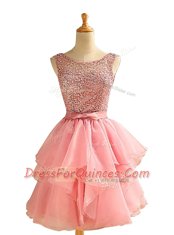 Glamorous Scoop Sleeveless Knee Length Lace and Ruching Lace Up with Pink