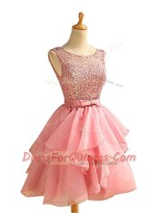 Glamorous Scoop Sleeveless Knee Length Lace and Ruching Lace Up with Pink