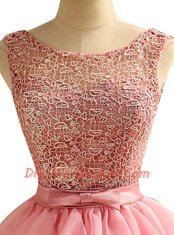 Glamorous Scoop Sleeveless Knee Length Lace and Ruching Lace Up with Pink