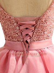Glamorous Scoop Sleeveless Knee Length Lace and Ruching Lace Up with Pink