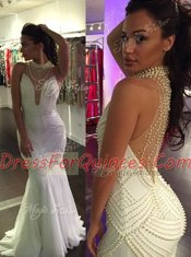 Mermaid Tulle High-neck Sleeveless Sweep Train Criss Cross Beading Prom Party Dress in White