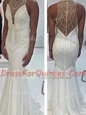 Mermaid Tulle High-neck Sleeveless Sweep Train Criss Cross Beading Prom Party Dress in White
