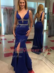 Mermaid Royal Blue Chiffon Backless V-neck Sleeveless Floor Length Prom Party Dress Beading