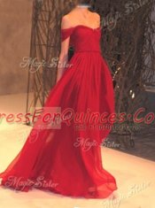 Traditional Off the Shoulder Ruching Prom Party Dress Burgundy Zipper Sleeveless Floor Length