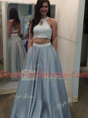 Fantastic A-line Homecoming Dress Silver Halter Top Satin Sleeveless Floor Length Backless