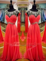 Custom Design Scoop Backless Coral Red Sleeveless Sashes ribbons Floor Length Prom Dresses