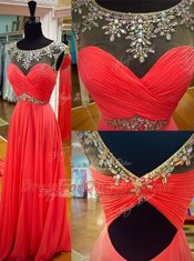 Custom Design Scoop Backless Coral Red Sleeveless Sashes ribbons Floor Length Prom Dresses