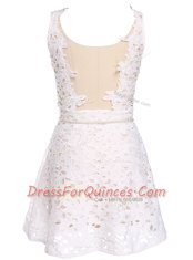 Glorious Scoop White Sleeveless Mini Length Lace and Belt Zipper Prom Dress