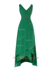 Green V-neck Neckline Beading and Ruching Prom Dress Sleeveless Zipper
