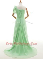 Chiffon One Shoulder Sleeveless Sweep Train Lace Up Ruffles and Hand Made Flower Evening Dress in Green