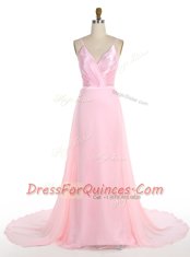 Flirting Sweep Train Mermaid Prom Dresses Pink Spaghetti Straps Chiffon Sleeveless With Train Zipper