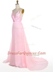 Flirting Sweep Train Mermaid Prom Dresses Pink Spaghetti Straps Chiffon Sleeveless With Train Zipper