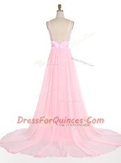 Flirting Sweep Train Mermaid Prom Dresses Pink Spaghetti Straps Chiffon Sleeveless With Train Zipper