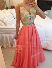 Discount Backless Watermelon Red Sleeveless Beading and Appliques Floor Length Prom Gown