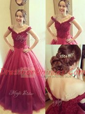 Off the Shoulder Fuchsia Sleeveless Appliques Floor Length Dress for Prom