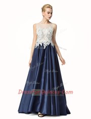 Satin Sleeveless Prom Evening Gown Brush Train and Beading and Lace