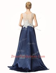 Satin Sleeveless Prom Evening Gown Brush Train and Beading and Lace