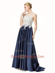 Satin Sleeveless Prom Evening Gown Brush Train and Beading and Lace