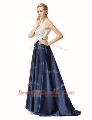 Satin Sleeveless Prom Evening Gown Brush Train and Beading and Lace