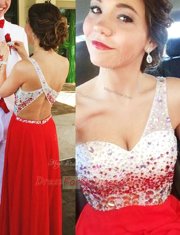 Glorious One Shoulder Backless Floor Length Red Prom Gown Chiffon Sleeveless Beading