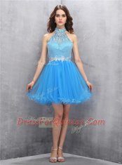 Exceptional Blue A-line Beading Prom Party Dress Zipper Tulle Sleeveless Mini Length